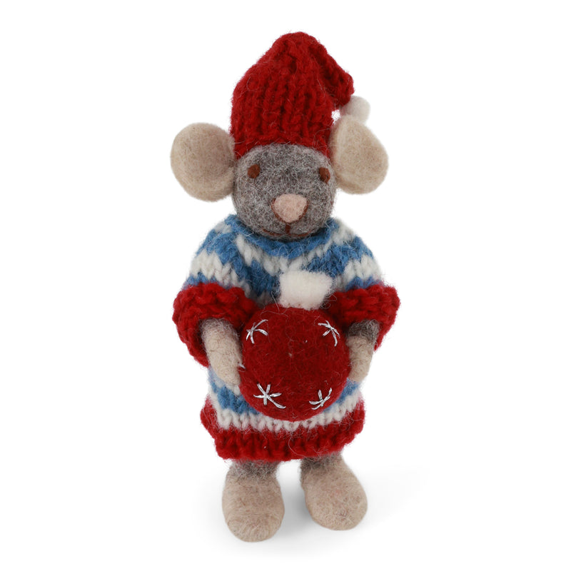 Kerstornamentje - Muis met kerstbal (klein mannetje)