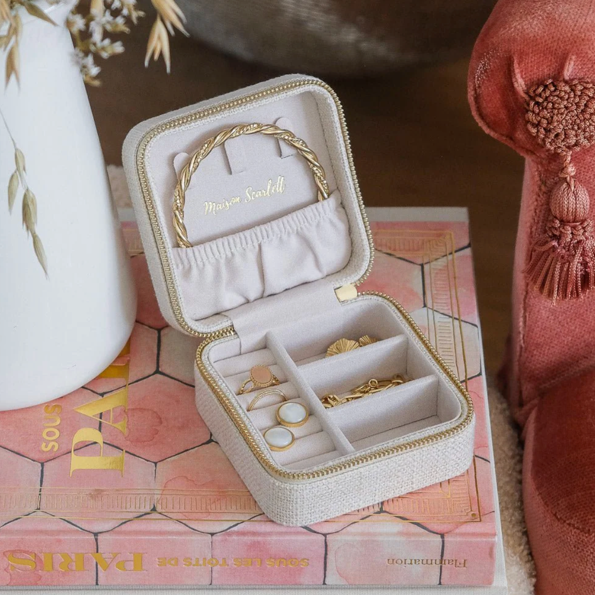 Travel Jewelry Box Linen Effect - Beige