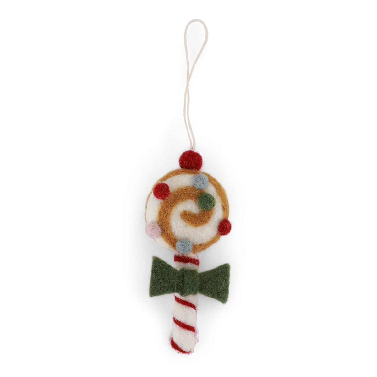 Kerstornamentje in vilt van Gry & Sif: mini lolly met groen strikje en rood en witte stok