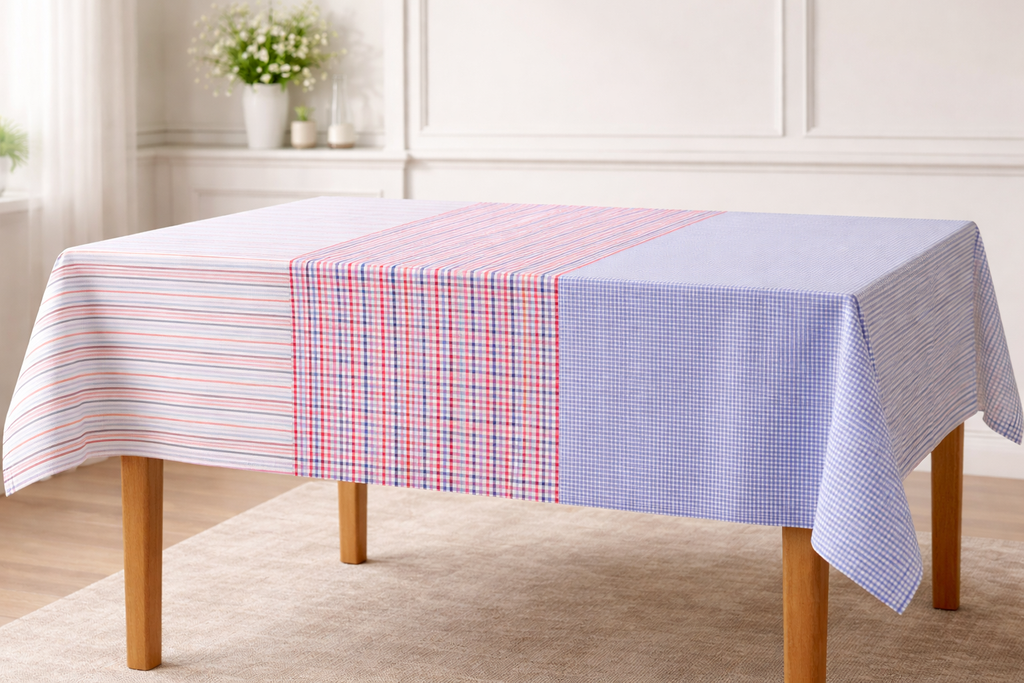 Tafellaken - Blauw met rood gestreept 100% katoen - 150 × 340 cm