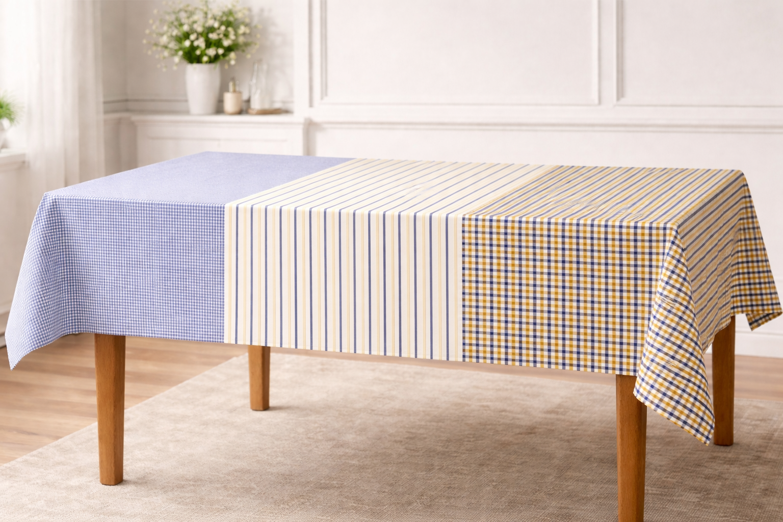 Tafellaken - Blauw met geel gestreept 100% katoen - 150 × 340 cm