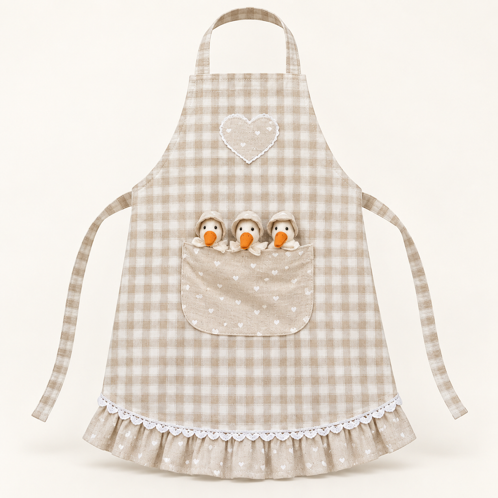 Kinderschortje met gansjes – beige geruit