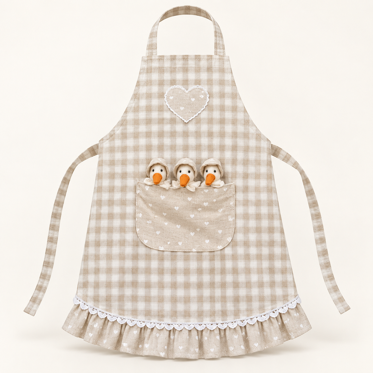 Kinderschortje met gansjes – beige geruit