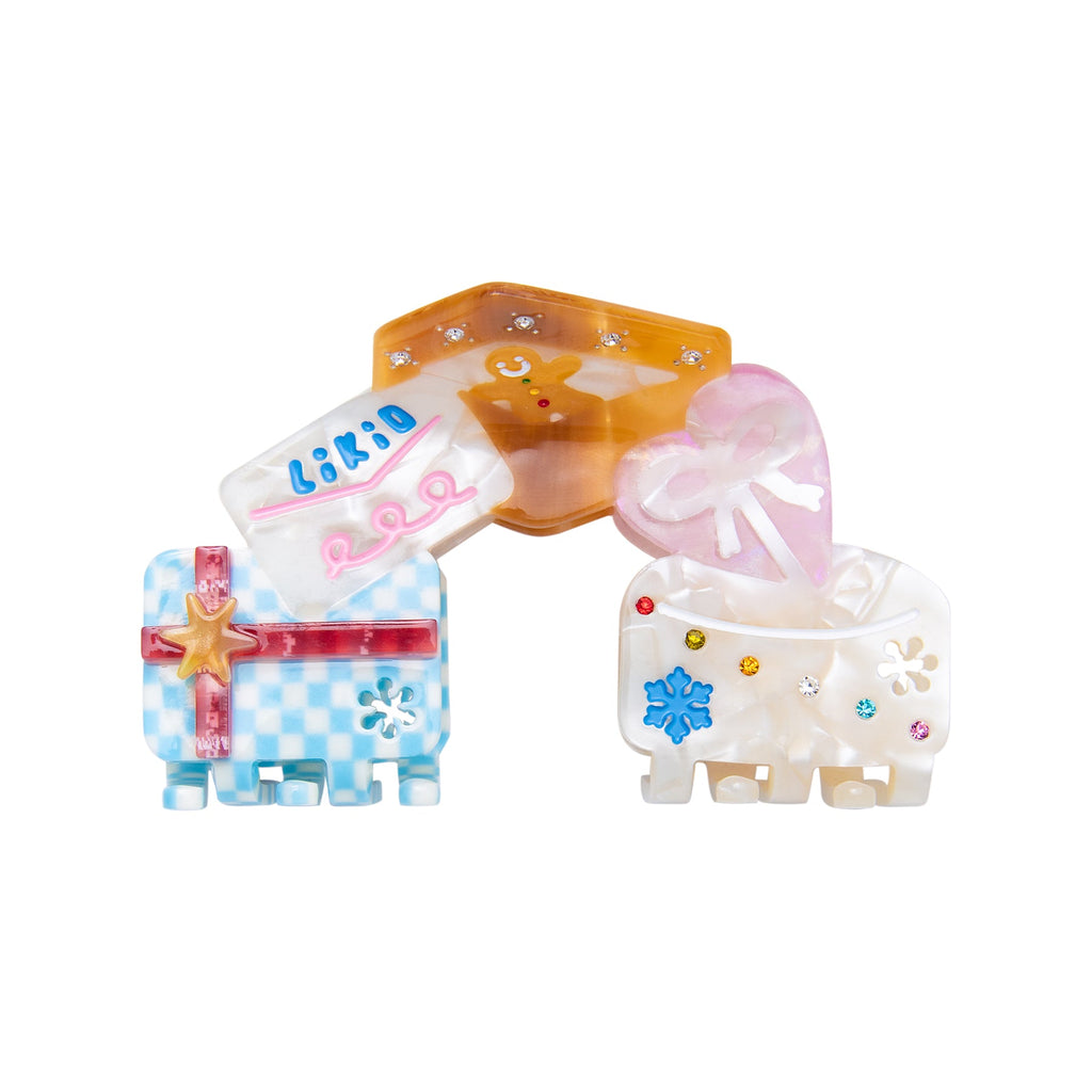 Likio Happy Gingerbread mini hair claws shaped like gifts with bows
