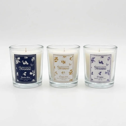 Three Maison Yvonne mini scented candles side by side: Jardin Bleu, Coeur d’Or and Origine