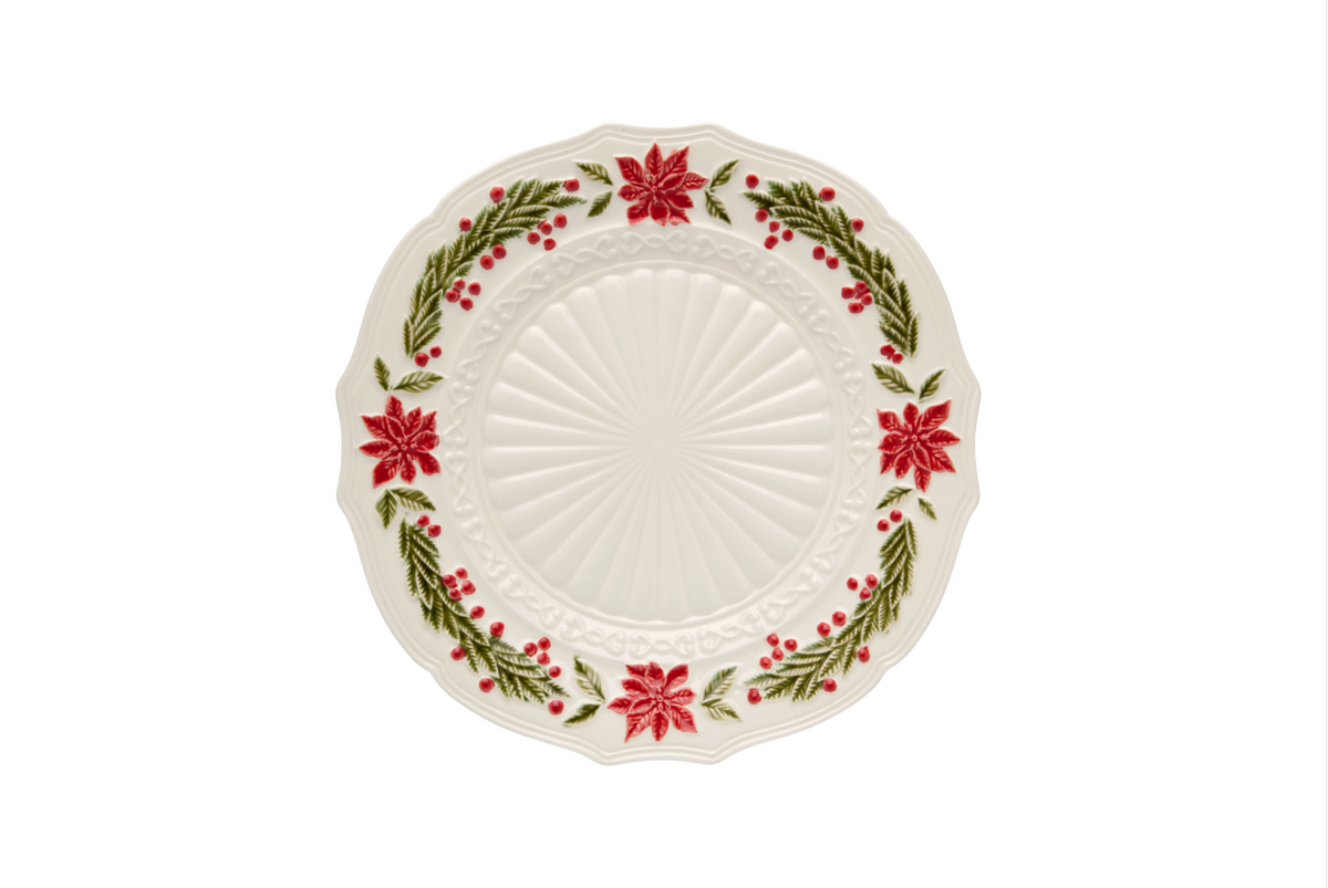 Natale taartbord van Bordallo Pinheiro in wit aardewerk met een rand van kerststerren en groene blaadjes