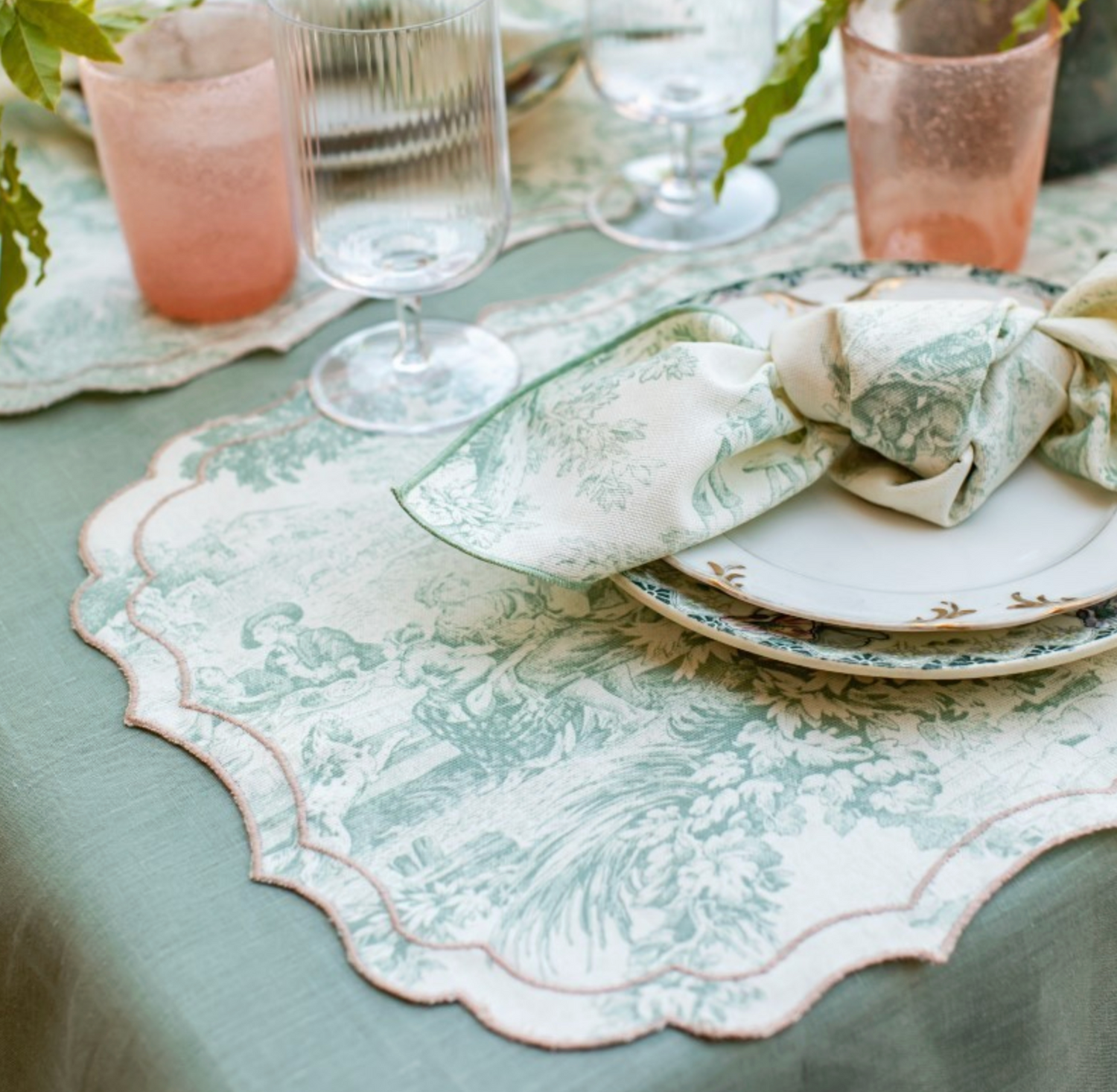 Vlekwerende Katoenen Placemat – 50x35 cm - Lichtgroene Toile De Jouy