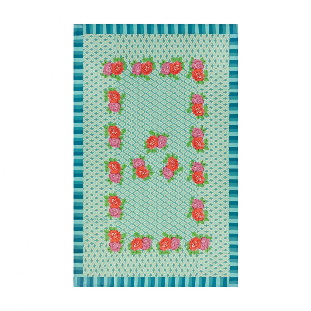 Nappe turquoise Hima Big Flower de Lisa Corti avec roses rouges et treillis, à plat