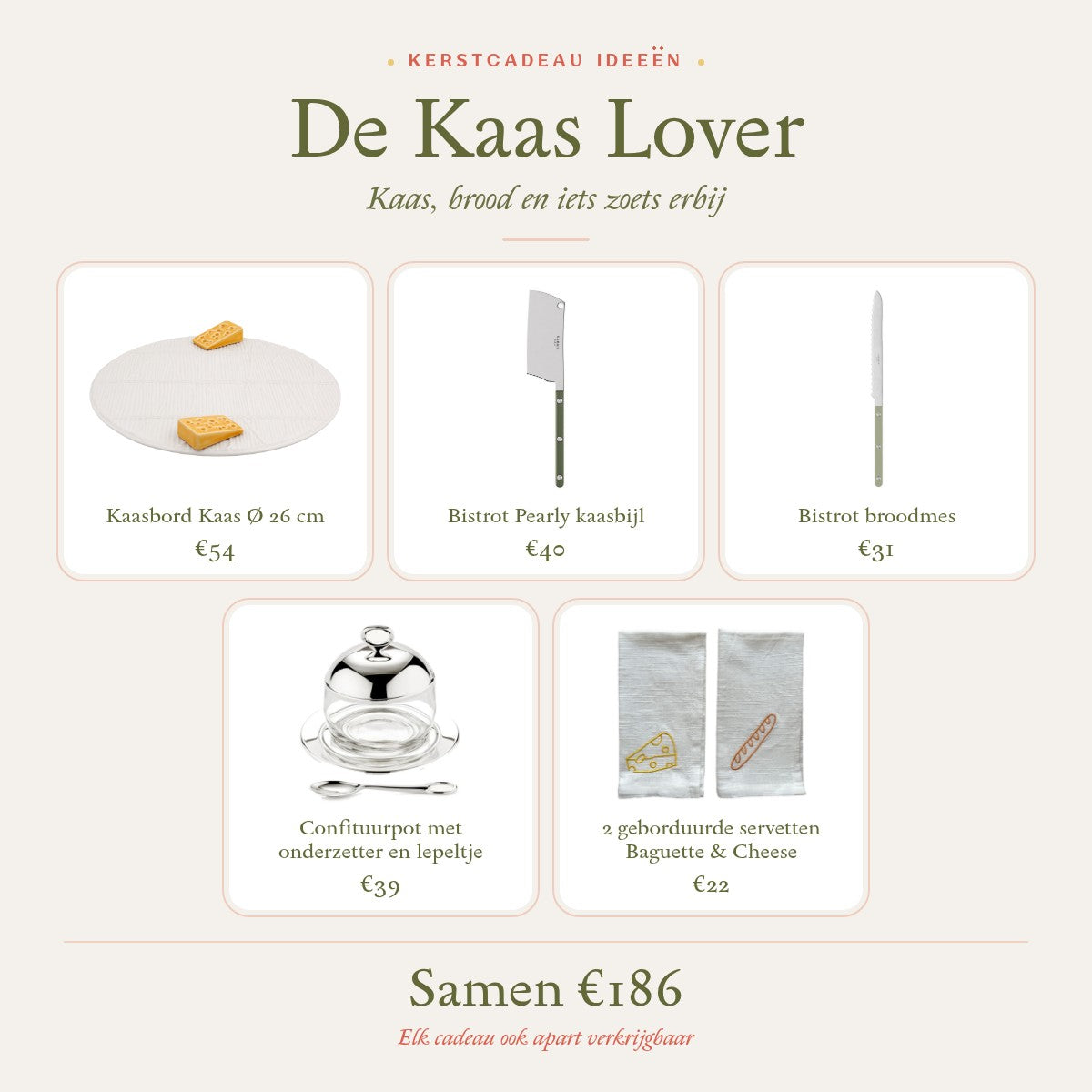 Kerstcadeau idee De Kaas Lover: keramisch kaasbord, kaasbijl, broodmes, confituurpot met lepeltje en twee geborduurde servetten