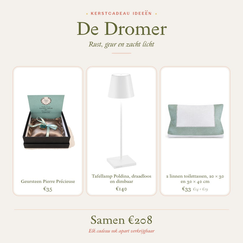 Kerstcadeau idee De Dromer: geursteen, draadloze en dimbare tafellamp in wit en twee linnen toilettassen