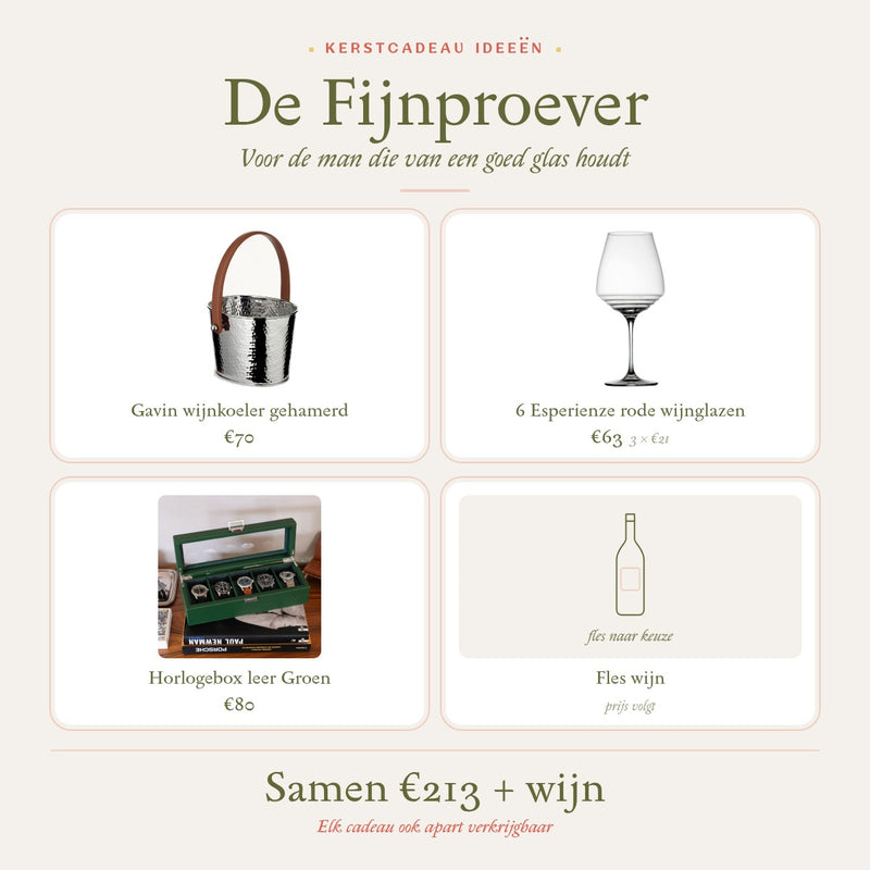 Kerstcadeau idee De Fijnproever: gehamerde wijnkoeler, zes rode wijnglazen, leren horlogebox in groen en een fles wijn
