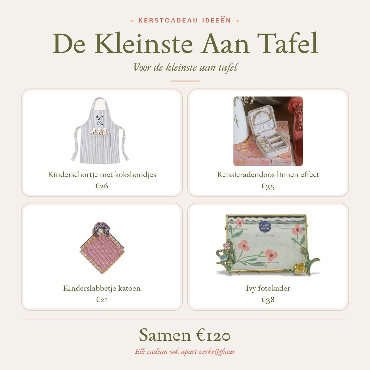 Kerstcadeau idee De Kleinste Aan Tafel: kinderschortje met kokshondjes, reissieradendoos, kinderslabbetje en fotokader