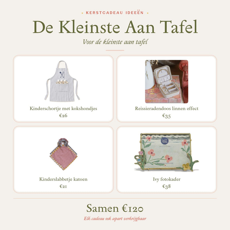 Kerstcadeau idee De Kleinste Aan Tafel: kinderschortje met kokshondjes, reissieradendoos, kinderslabbetje en fotokader