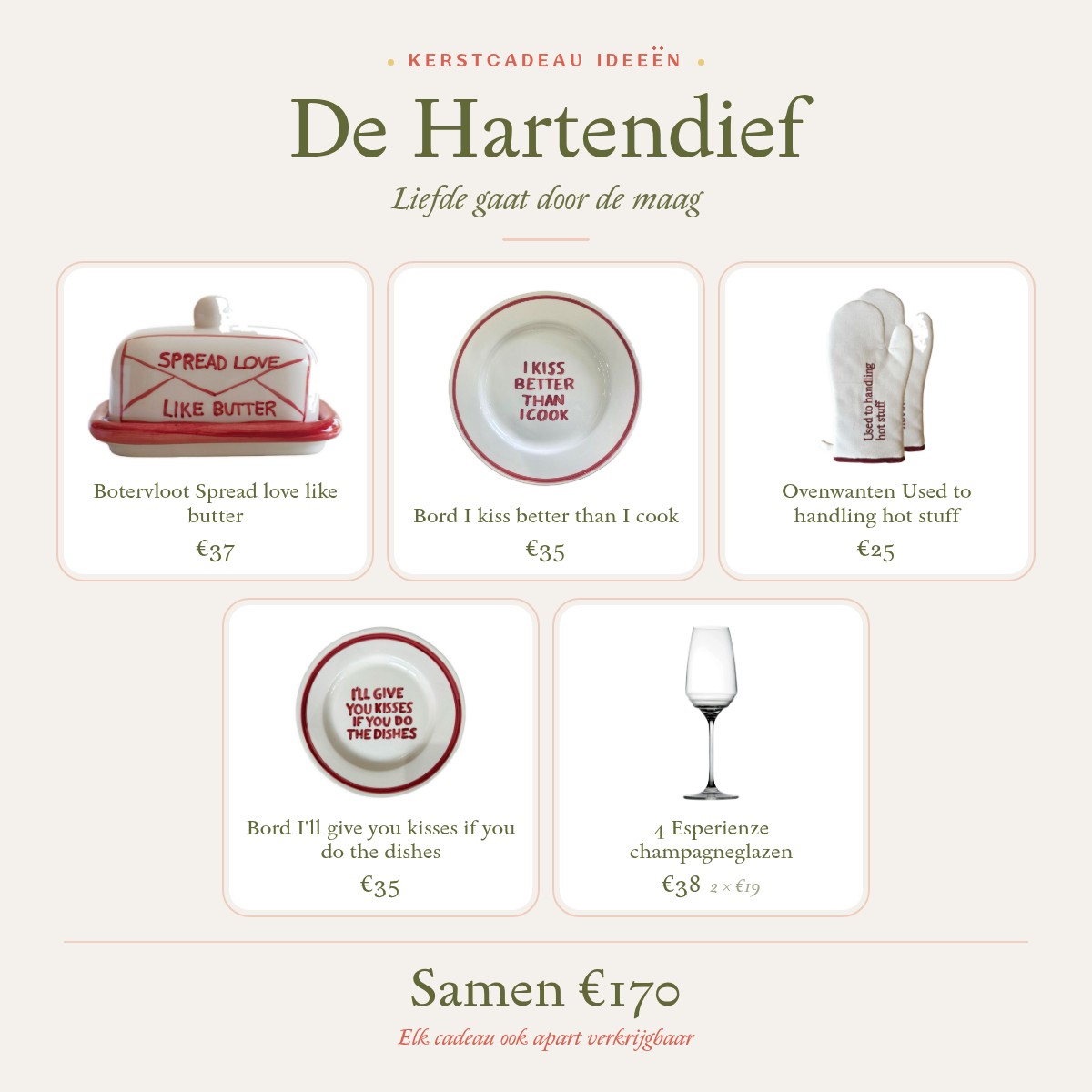 Kerstcadeau idee De Hartendief: botervloot, twee borden met liefdesboodschap, geborduurde ovenwanten en vier champagneglazen