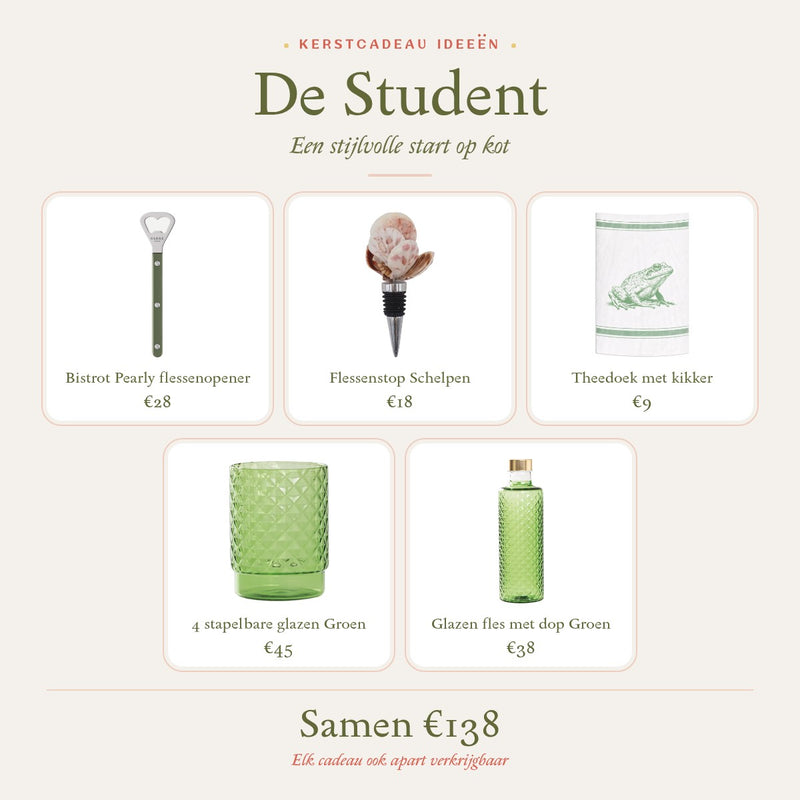 Kerstcadeau idee De Student: flessenopener, flessenstop met schelpen, theedoek, vier stapelbare glazen en een glazen fles in groen
