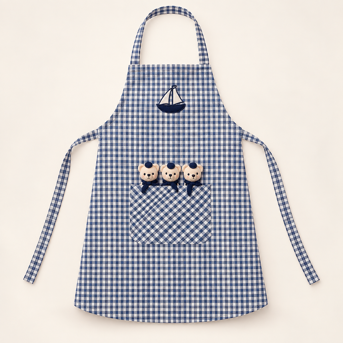 Kinderschortje met marinebeertjes – blauw geruit