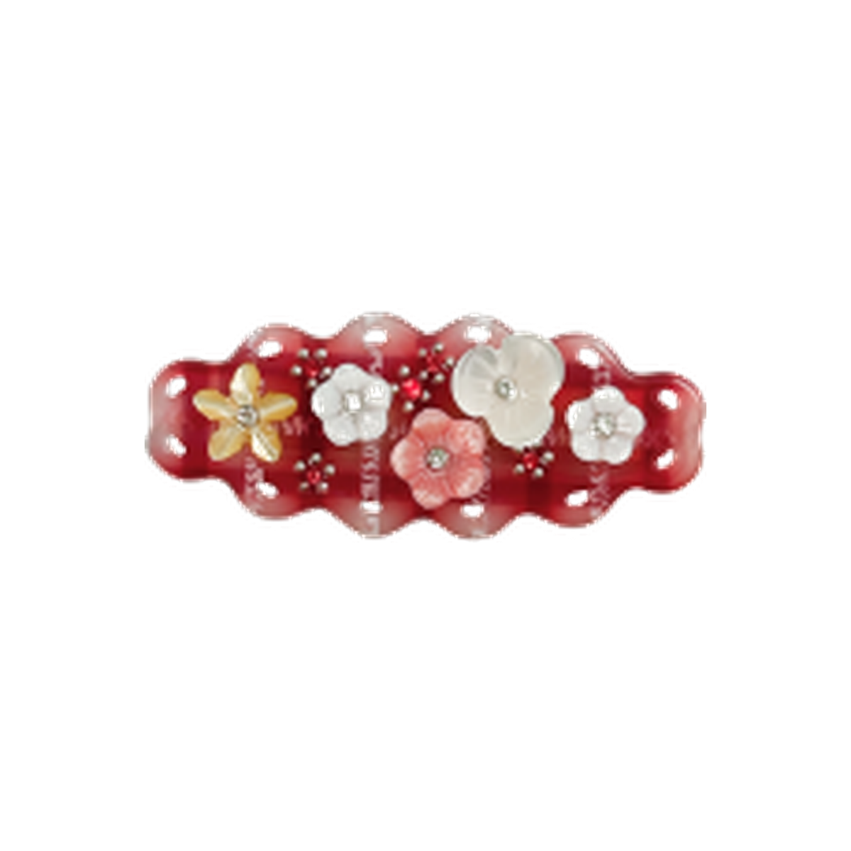 Red Likio hair clip with mother of pearl flowers and rhinestones